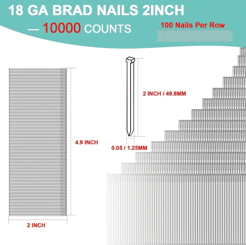 APOCHON 10000 Counts 18 Gauge Brad Nails 2 Inch, Heavy Duty 2" Brad Nails 18 Gauge Galvanized Small Finishing Nail Gun Nails for Pneumatic Nailer Guns, Electric Brad Nailer Gun, Straight Pin Nailer Guns - Image 2